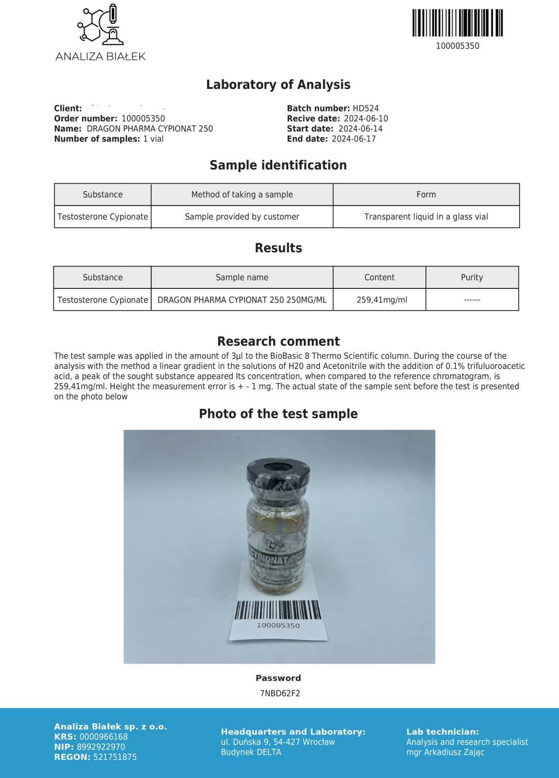 Dragon Pharma Cypionat 250 Lab Test