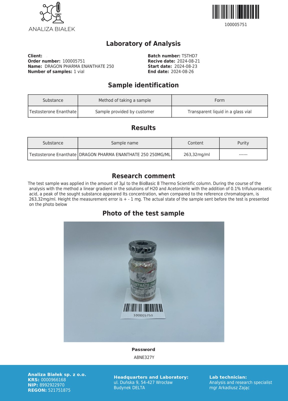 Dragon Pharma Enantat 250 Lab Test