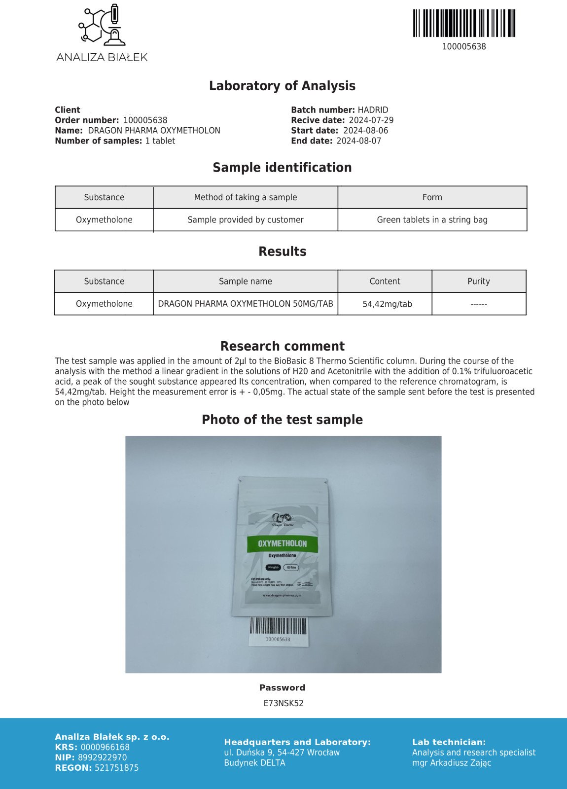 Dragon Pharma Oxymetholon Lab Test